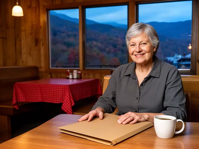 A restaurant owner seated with a folder in an empty dining room before opening.
